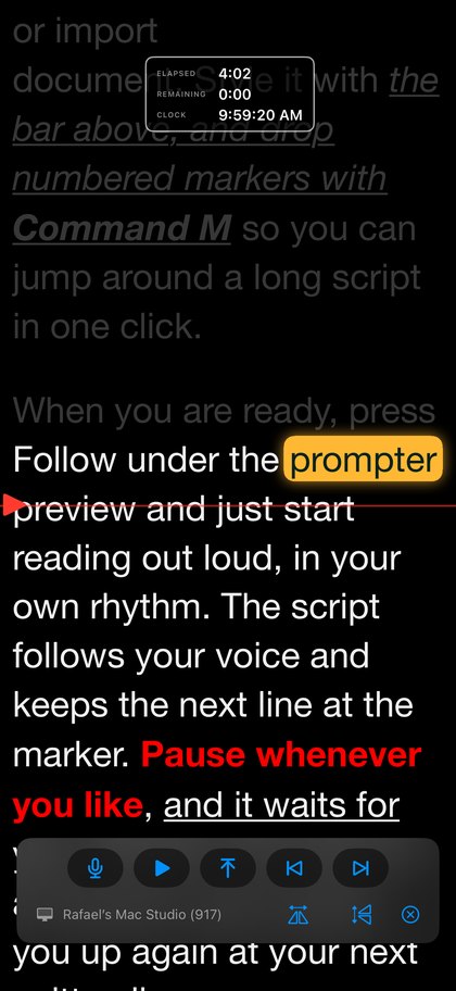 PowerCue Companion on an iPhone showing the same script in lock-step